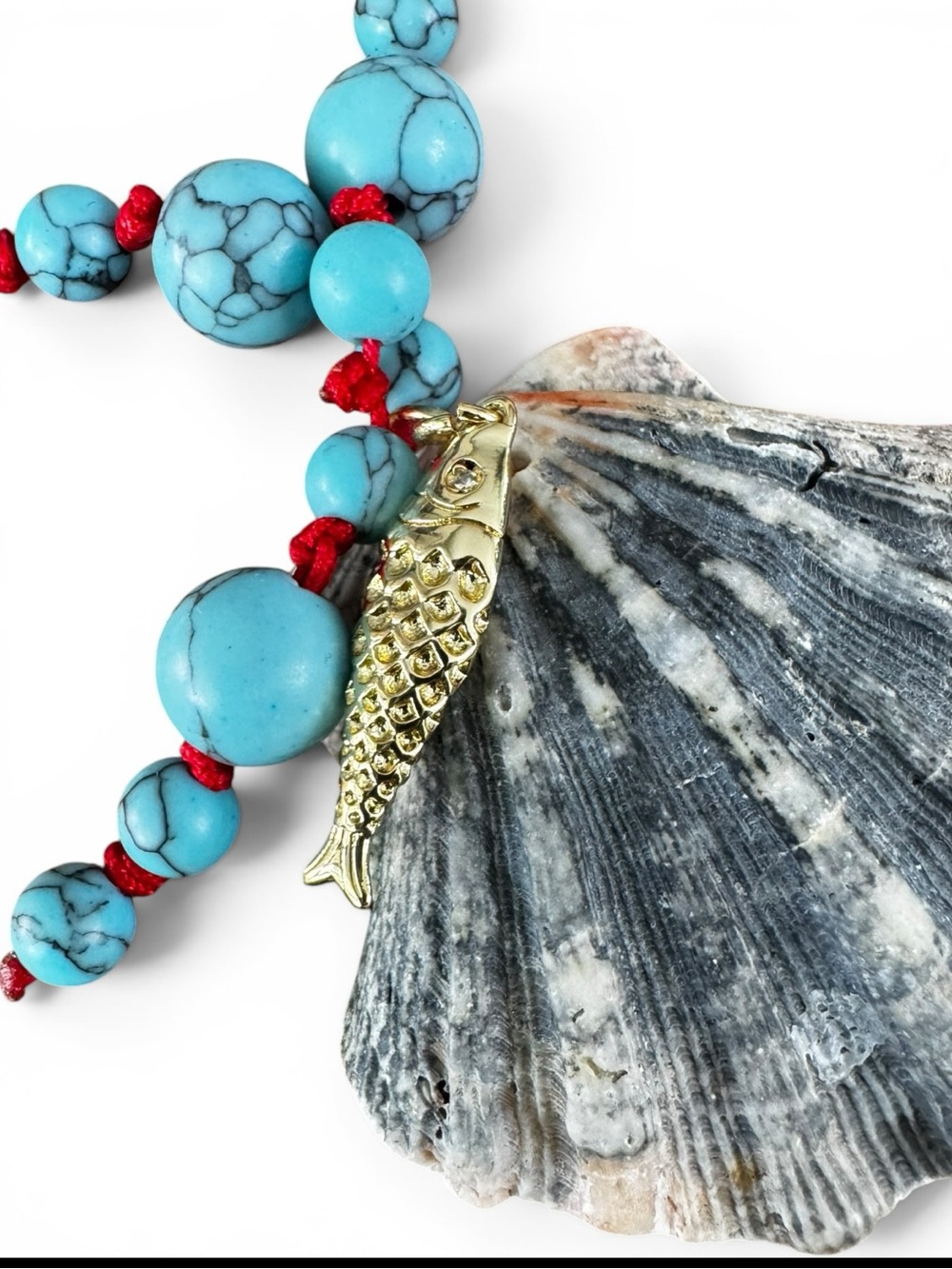 Turquoise Bead Necklace with Shell Pendant - Blue